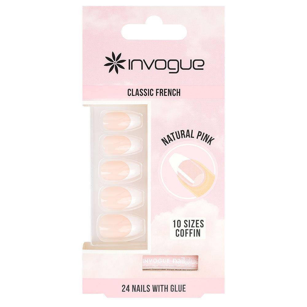 إنفوغ فريـنش بينك أظافر صناعية شكل كوفن  مانيكير فرنسي وردي ناعم بثبات طويل