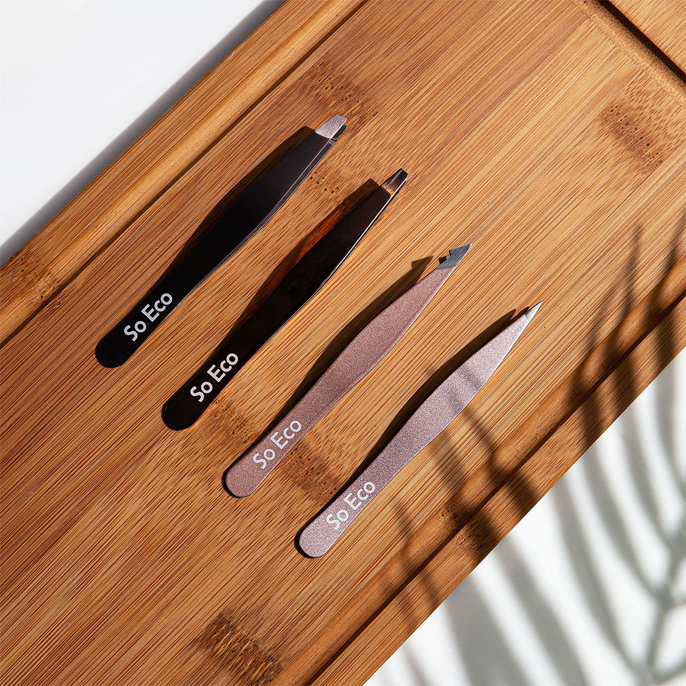 SOECO Rose Gold Tweezer Set 4 Professional Stainless Steel Tweezers