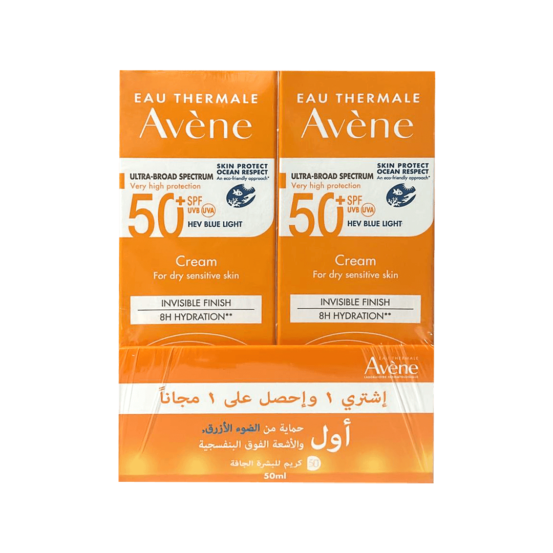 أفين - كريم فائق الطيف بعامل حماية من الشمس 50+ ترطيب لمدة 8 ساعات 50 مل (1+1)
