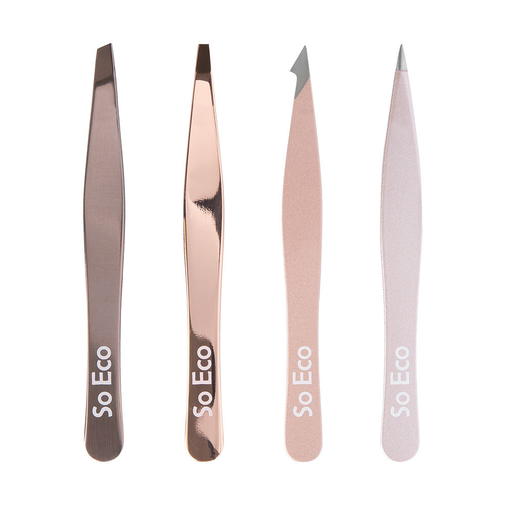 SOECO Rose Gold Tweezer Set 4 Professional Stainless Steel Tweezers
