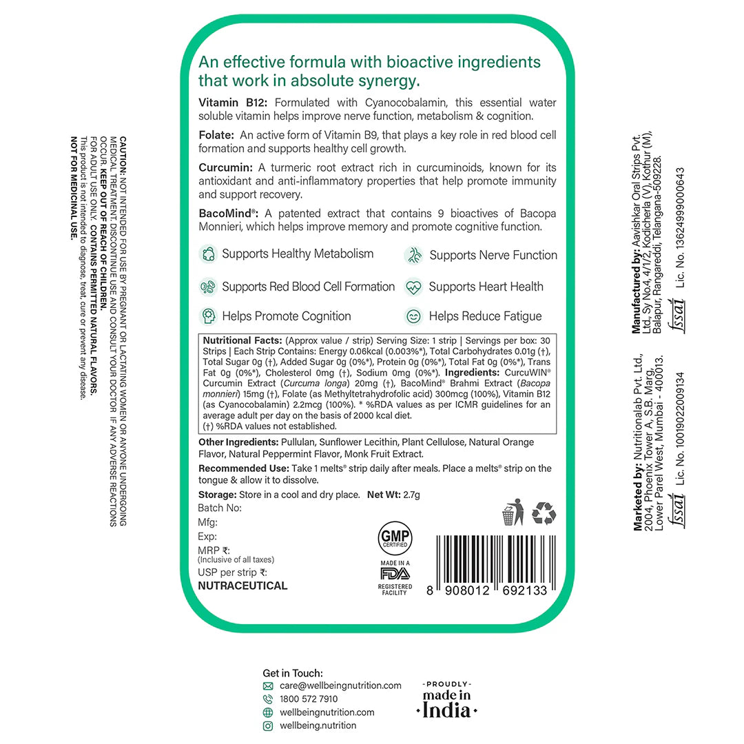 ويل بيينج نيوترشن لفيتامين ب 12 النباتي بنكهة البرتقال مع النعناع 30 شريط فموي