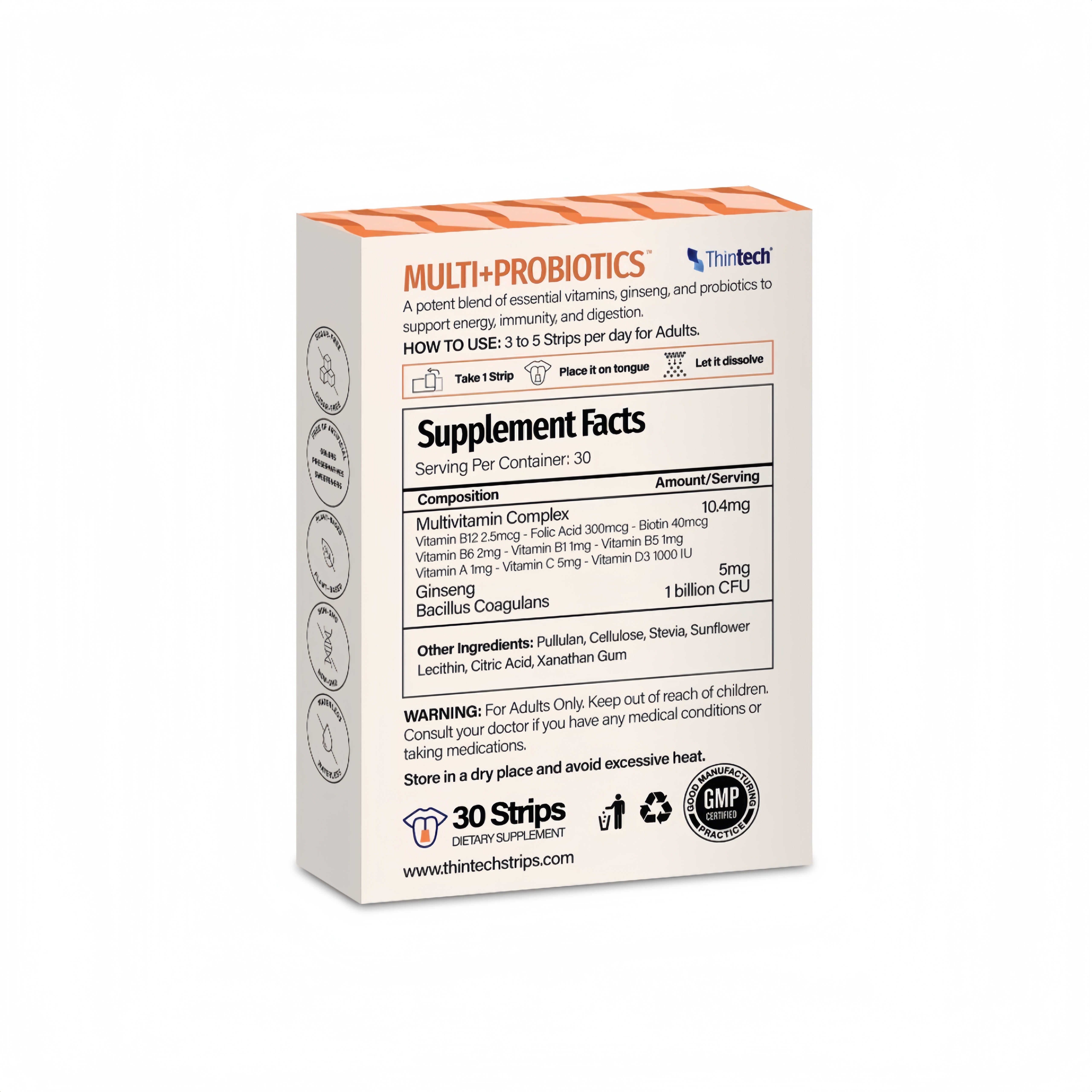 ثينتك شرائط فموية متعددة الفيتامينات مع بروبيوتيك بنكهة البرتقال 30 شريط