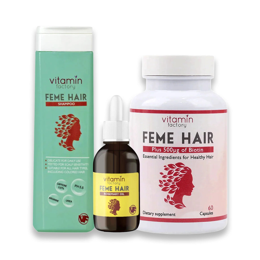 Feme Hair Growth Bundle Biotin Capsules, Rosemary Oil, Caffeine Shampoo
