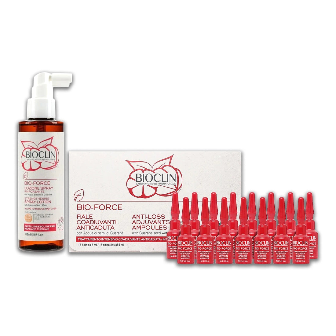 Bioclin Bio Force Anti Hair Loss Ampoules 15x5ml + Strengthening Spray Lotion 150ml, Hair Growth & Strengthening Bundle