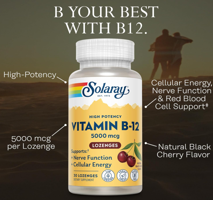 Solaray Vit B 12 5000mcg Natural Black Cherry Flavor 30 Lozenges
