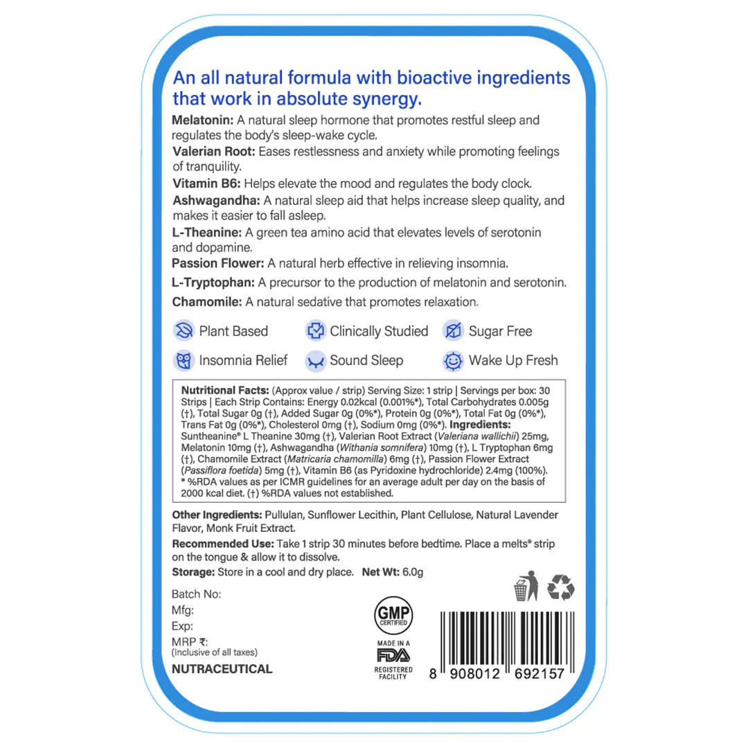 ويلبيينج نيوترشن شرائح  للنوم المريح بالبابونج واللافندر 30 شريط فموي