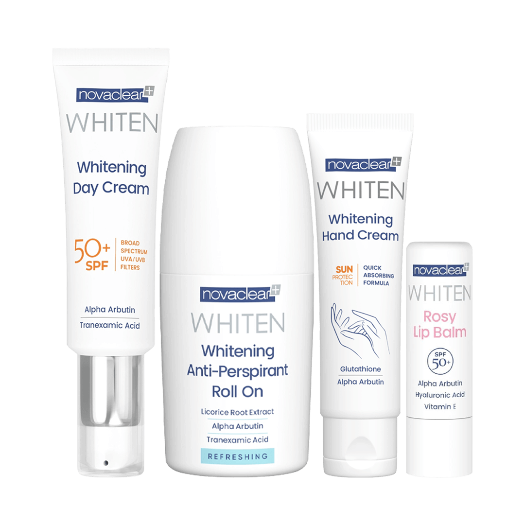 نوفاكلير مجموعة تفتيح البشرة،كريم يدين 50 مل + كريم نهاري +SPF 50 ‏50 مل + رول أون مبيّض 50 مل + بلسم شفاه وردي مع حماية من الشمس  ‏4.9 جم
